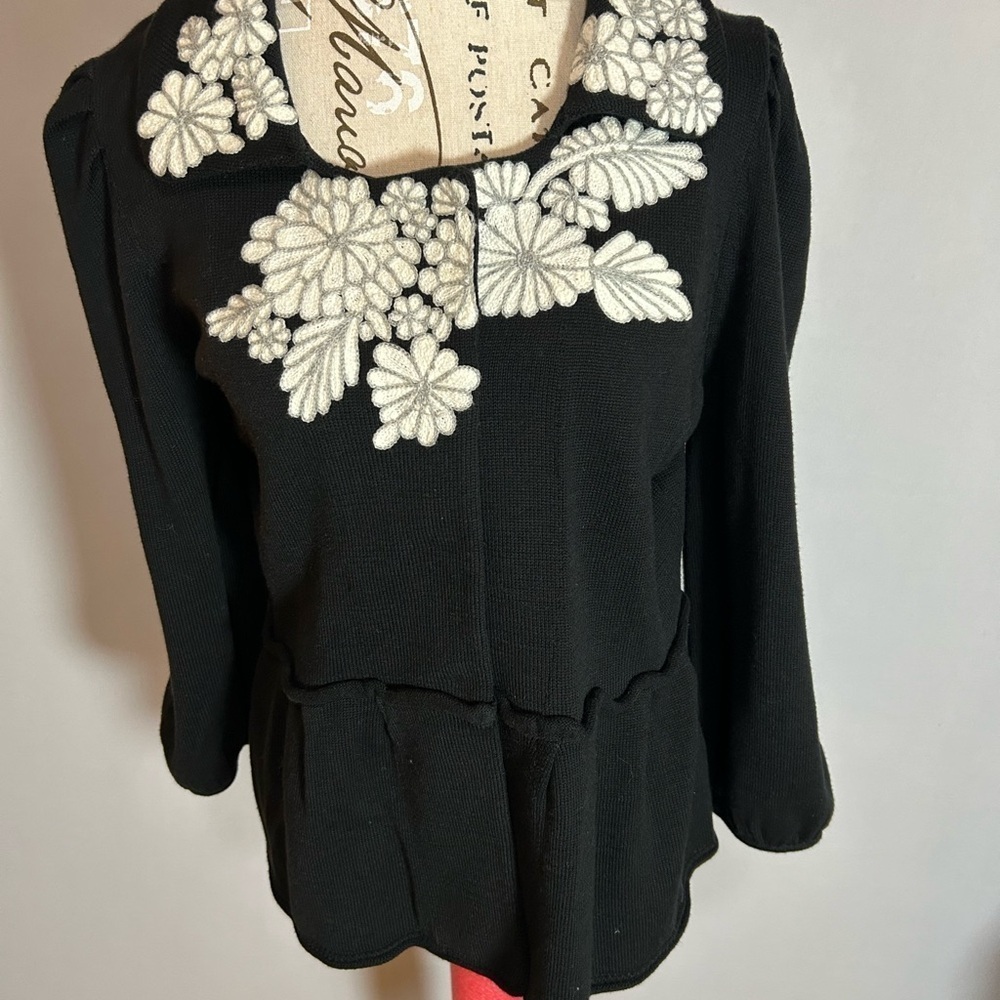 Madison Black Peplum Cardigan with Embroidered Collar - Picture 2 of 8